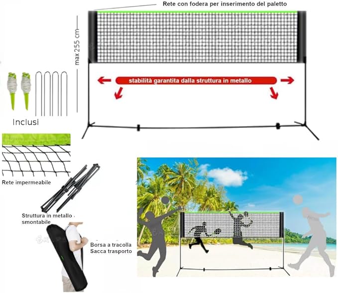Rete da pallavolo Professionale Rete da Giardino con Pali Altezza regolabile altezza massima 255 cm rete Portatile per Bambini e Adulti Da beach volley, beach soccer, racchettoni, beach tennis - Ysert