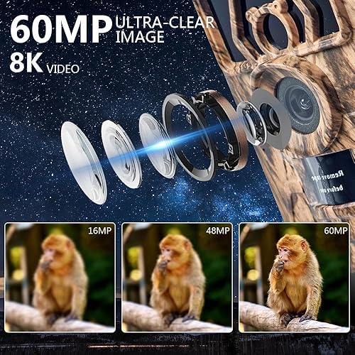 Fototrappola WiFi Bluetooth 8K 60MP, Fotocamera Caccia con Visione Notturna con APP, 120°Ampia Visuale Fototrappola Infrarossi Invisibili con Velocità di Trigger 0,2S, IP66, per la Fauna Selvatica - Ysert