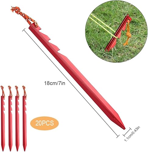 20 Pezzi Picchetti Tenda Picchetti Campeggio Picchetti Giardino Picchetti di Fissaggio Picchetti a Terra Chiodi in Alluminio con Coulisse Riflettente per il Fissaggio di Tende 18cm Rosso - Ysert