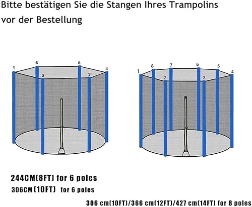 Ø244 cm / 306cm / 366cm / 427cm Rete di Sicurezza del Trampolino per trampolini da Giardino, Rete di Ricambio con Cerniera e Fibbie, Altezza griglia 163 cm / 180 cm - Ysert
