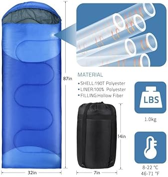 Sacco a Pelo, 220 x 80 cm 1000 g Sacco a Pelo per Adulti, 3 Stagioni Sacco a Pelo da Campeggio per Estate, Autunno, Primavera Confezione Piccola, Ultraleggero per Campeggio All'aperto, Viaggi - Ysert