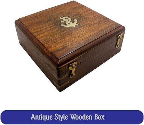 Bussola Sundial in ottone con scatola di legno, design antico, strumento nautico - Ysert