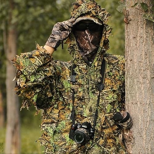 Abito Mimetico all'aperto Abito Mimetico Foglie 3D Abbigliamento con Cappuccio Tops da Esterno Pantaloni Poncho per Birdwatching della Giungla - Ysert
