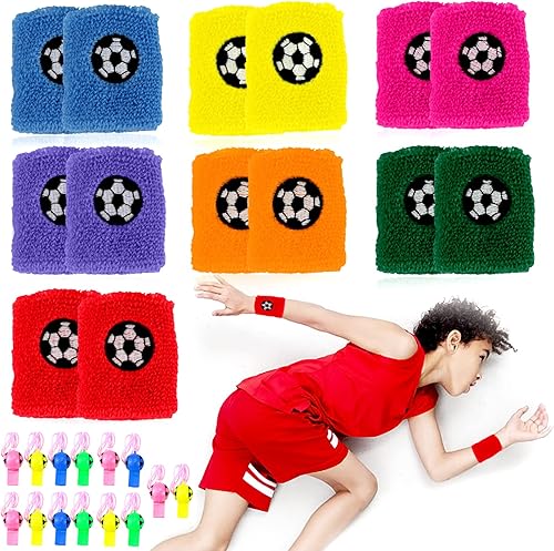 Fascia per sudore da polso per bambini, set da 28 pezzi (14 fasce per il sudore da polso con 14 fischietti), fascia per il calcio, decorazione di compleanno per bambini, feste, attività all'aperto - Ysert