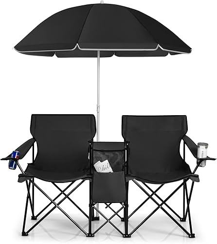 COSTWAY Set di 2 Sedie da Campeggio Pieghevoli, con Ombrellone e Tavolino Contenitore, Resistente e Leggero, Capacità 113 kg (blu) - Ysert