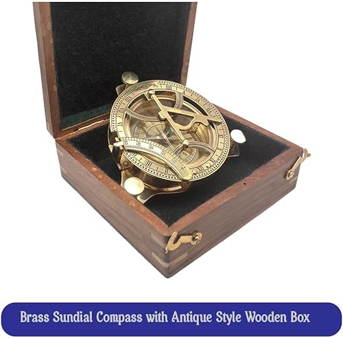 Bussola Sundial in ottone con scatola di legno, design antico, strumento nautico - Ysert