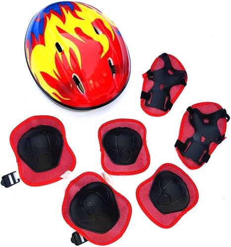 7pcs/Set Set Casco Regolabile per Bambini, Ragazzi Ragazze Casco Ginocchiere Gomitiere Protezioni Polso Set di Protezioni per Pattini a Rotelle Skateboard Bici, Rosa, Rosso, Blu(Rosso) - Ysert