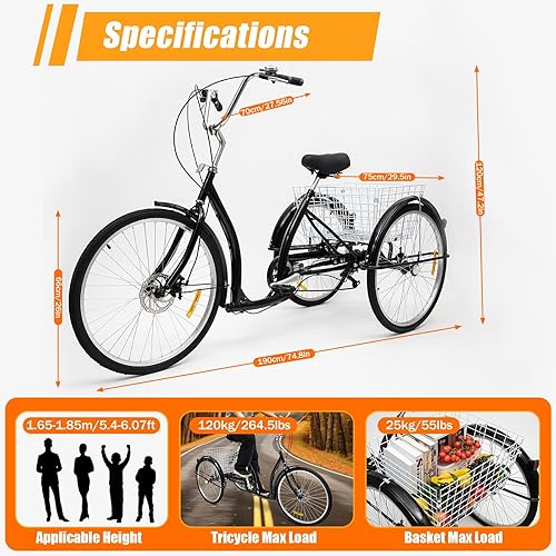 Triciclo da 26 pollici per adulti, triciclo da città a 6 marce, bicicletta per il tempo libero, triciciclo con cestino, ruote antiscivolo e resistenti all'usura, per shopping, viaggi, picnic - Ysert