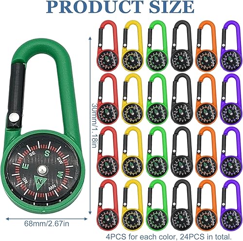 24 mini bussola con moschettone, portachiavi multifunzione con bussola per bambini, moschettone, bussola tascabile per attività all'aperto, viaggi, escursioni, campeggio, multicolore - Ysert