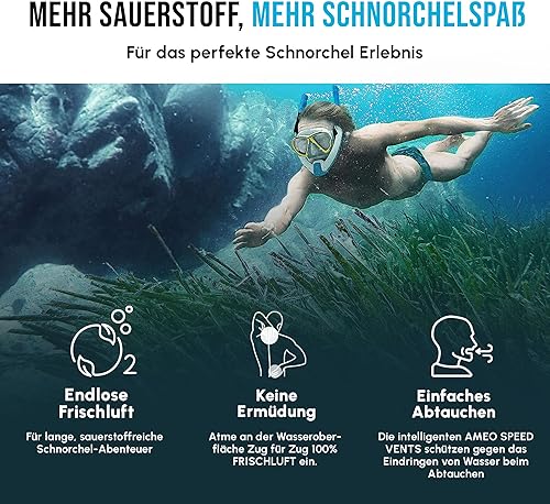 AMEO POWERBREATHER Beach Plus - Boccaglio ad aria fresca - Dispositivo di allenamento per piscina e acque libere per adulti e bambini - Set da snorkeling con sistema a valvola intelligente - Ysert