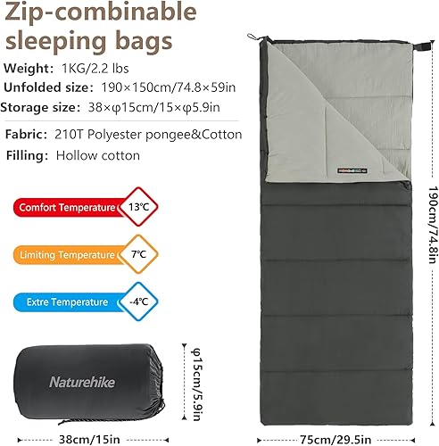 Naturehike Sacco a pelo rettangolare lavabile in lavatrice Sacco a pelo da campeggio portatile leggero per adulti 190×75cm Da -4℃ a 13℃ Comodo e traspirante Può essere giuntato Unisex - Ysert
