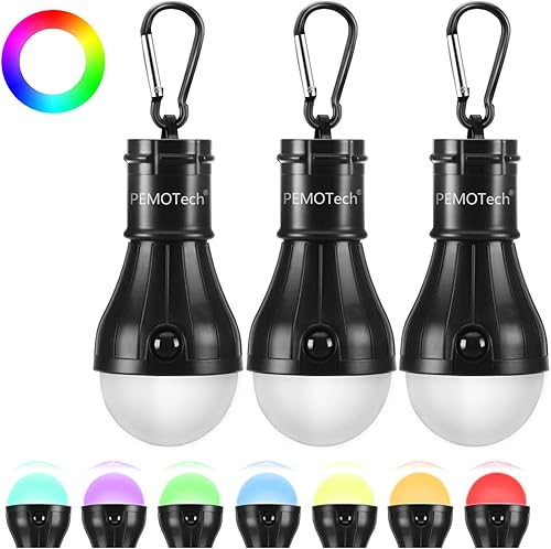 PEMOTech Camping Tent Light, 3 lampadine RGB, accessori da campeggio, impermeabili, portatili, adatti per campeggio all'aperto, escursioni, riunioni, situazioni di emergenza. [Classe energetica A] - Ysert