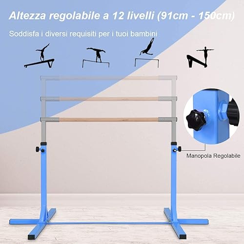 Sbarra da Ginnastica Artistica in Legno Massello e Acciaio, Sbarra da Danza Classica per Casa Regolabile in Altezza tra 91 e 150 cm, con Portata di 100 kg, 200 x 121 x 91/150 cm - Ysert