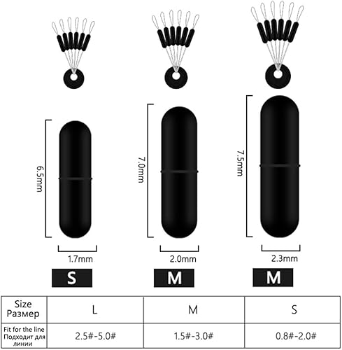 Tappo per pesca Bobber, 120 pezzi, 20 gruppi, set di perline in gomma nera, tappo per pesca e fagioli - Ysert