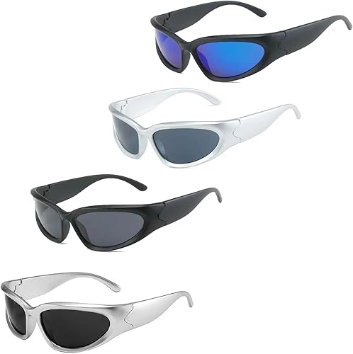 4 Paia Y2K Occhiali Wraparound Sportivi Occhiali da Sole Vintage Occhiali da Sole da Uomo Donna UV400 Futuristici,Occhiali Veloci Donna per Guida Pesca Ciclismo Sport - Ysert