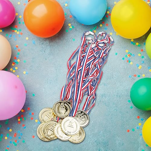 Relaxdays Medaglie d’Oro per Bambini in Set da 12, con Nastro, Fiaccola, Premio per Vincitori, 5 cm Ø, Plastica, Dorato, Poliestere - Ysert
