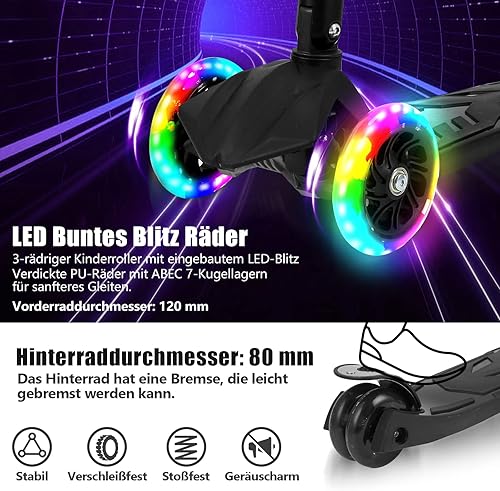 Monopattino pieghevole per bambini, con 3 ruote a LED e manubrio regolabile in altezza, freni posteriori, fino a 50 kg, per scooter bambini dai 3 ai 14 anni - Ysert