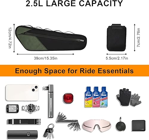 Borsa Bici Telaio Borse Tubo Centrale per Bicicletta MTB Impermeabile con Strisce Riflettenti Grande Capacità ca. 2.5L per Porta Attrezzi Bici da Corsa Accessori Lucchetto 380*115*55mm(arancione) - Ysert