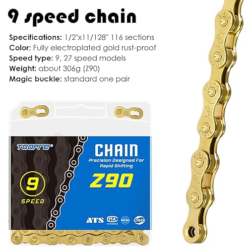 Il Set Catena Mtb Contiene 116 Maglie, Catena Bici 9 Velocità Misura 1/2'X11/128', Processo Galvanico Ricambi Bici Antiruggine, Adatto per Bici da Strada E Mountain Bike (Oro) - Ysert