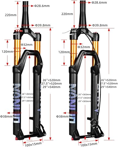 Forcella Anteriore per Bicicletta MTB, canotto Conico 1-1/2'' Air Mountain Bike Forcelle Ammortizzate 26 27,5 29 Pollici Corsa 120 mm Perno Passante 100 * 15 mm Regolazione smorzamento - Ysert