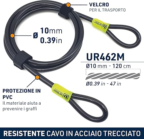 UR462M/UR462L Cavo di Sicurezza per Bici Monopattino in Acciaio Flessibile Ø 10mm 120cm/200cm Antifurto Catena Doppio Anello per Fissare Ruote Sella Bicicletta Multifunzione Universale - Ysert