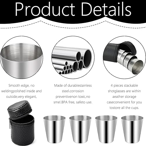 8 bicchieri in acciaio inox, 30 ml, impilabili, piccoli bicchieri in acciaio inox, impilabili con 2 custodie in pelle con chiusura lampo, per campeggio, picnic, escursionismo - Ysert