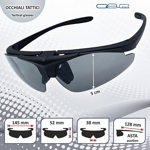Occhiali Tattici Militari da Tiro, 3 Lenti Intercambiabili, Custodia Semirigida, Panno Pulizia, Tracolla Regolabile, Telaio Miopico - Ysert
