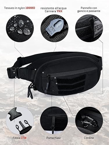 Marsupio Uomo - Borsa Petto Nylon 1000D con 4 Scomparti, Sistema MOLLE, Cintura Regolabile & Piastra Tattica Rimovibile per Outdoor, Viaggi, Ciclismo, Arrampicata - Ysert