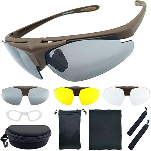 Occhiali Tattici Militari da Tiro, 3 Lenti Intercambiabili, Custodia Semirigida, Panno Pulizia, Tracolla Regolabile, Telaio Miopico - Ysert