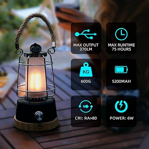 Lanterna da campeggio ricaricabile a LED retrò, 6 Watt, 370 lumen, lunga durata alimentata a batteria (capacità della batteria 5000 mAh), dimmerabile e cambia colore, manico in corda - Ysert