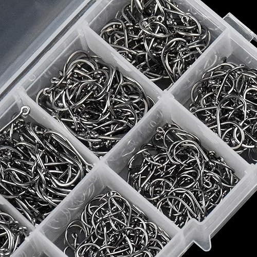 Amo da Pesca, 300 Pz Ami da Pesca in 10 Dimensioni, Amo da Pesca Occhiello, Ganci Spinato, Ami da Pesca in Acciaio al Carbonio con Scatola di Plastica, 3# - 12# - Ysert