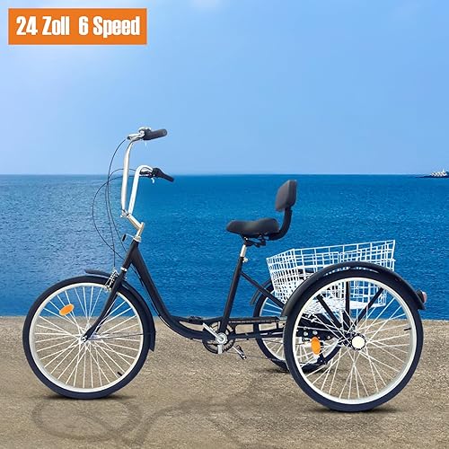 24 pollici triciclo per adulti, 6 marce 3 ruote Cruiser bicicletta con schienale e cestello, 3 ruote bicicletta regolabile per adulti per attività all'aperto - Ysert