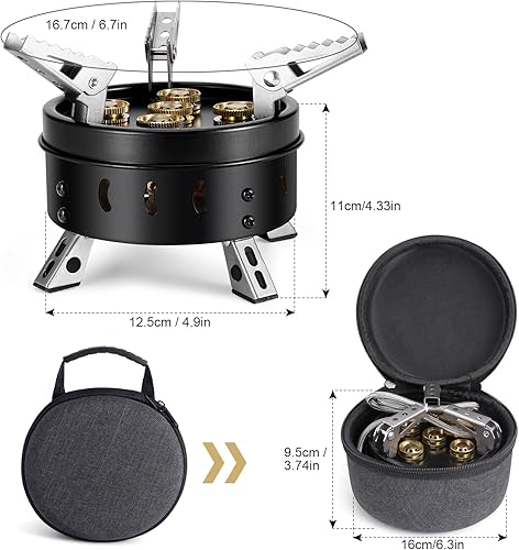 Fornello a Gas da Campeggio 11000W, Mini Stufa da Campeggio Antivento, Fornellino Pieghevole in Alluminio e Acciaio Inox, Mini Stufa da Trekking Durevole, Nero - Ysert