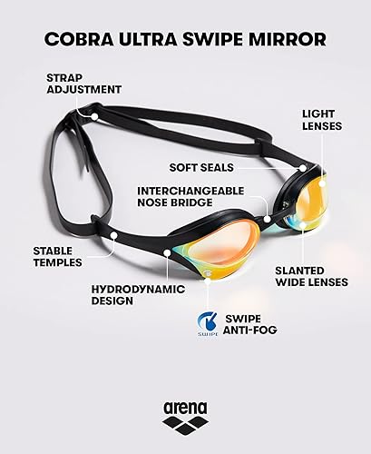 ARENA Cobra Ultra Swipe Mr Occhialini da Nuoto da Donna, Tecnologia Anti-Appannamento Swipe, Astuccio Nero con Rivestimento Morbido, Giallo Rame-Nero - Ysert