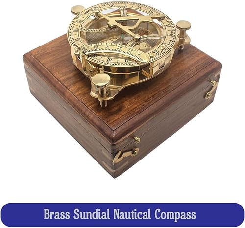 Bussola Sundial in ottone con scatola di legno, design antico, strumento nautico - Ysert