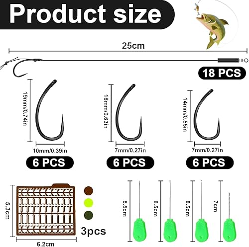 18 pz Ami da Pesca con Lenza alla Carpa 19 * 10mm/ 16 * 7mm/ 14 * 7mm Ganci in Acciaio al Carbonio Senza Ardiglione Adatto per Acqua Dolce e Salata - Ysert